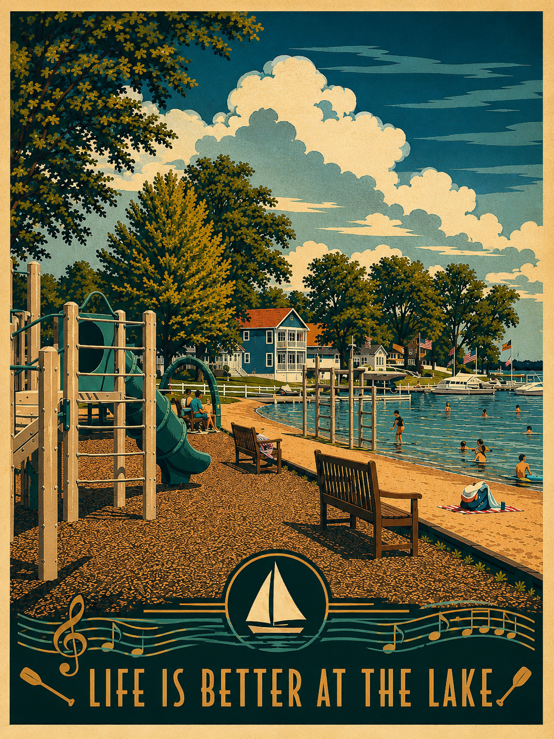 Life is Better at the Lake vintage poster featuring a lakefront park with playground, sandy beach, swimmers, wooden benches, lakeside cottages flying American flags under a deep teal sky with billowing clouds and golden musical notes
