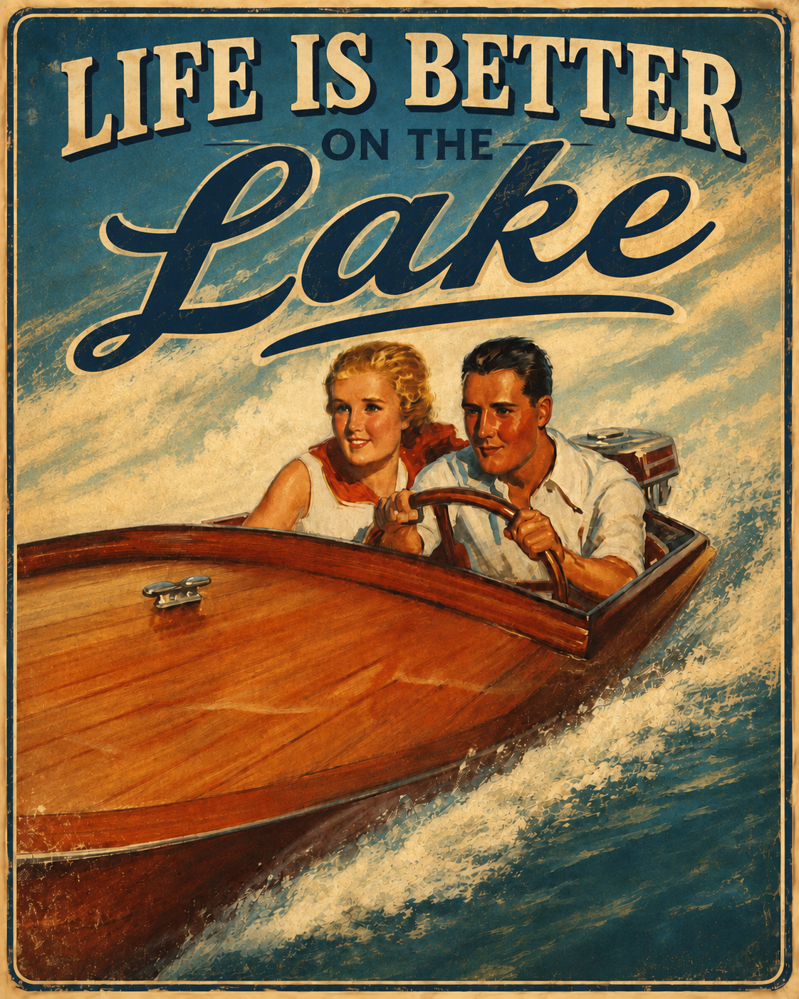 Life is Better on the Lake vintage 1940s illustration style poster featuring a smiling couple sharing the wheel of a gleaming mahogany wooden runabout cutting through white-capped lake waves under a dramatic teal and cream sky
