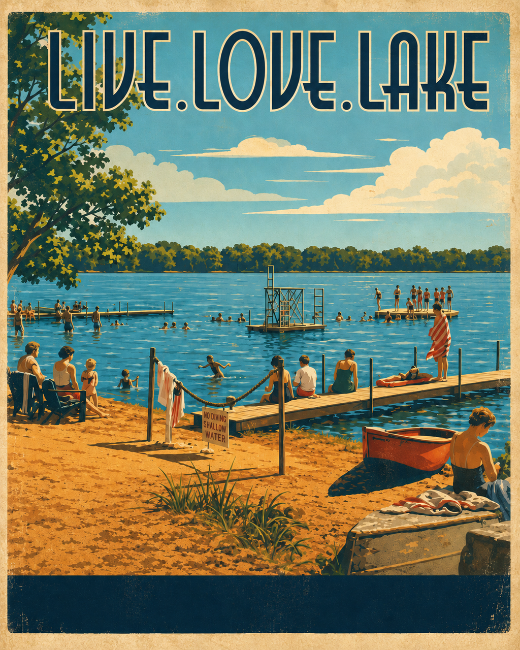 Live Love Lake vintage poster featuring a bustling Midwest lake beach scene with swimming dock, diving platform, chain rope barrier, red rowboat, No Diving sign, and happy swimmers and sunbathers on golden sand under a brilliant blue summer sky