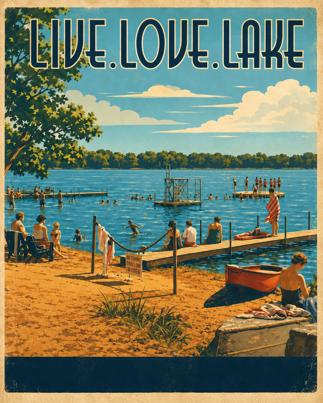Live Love Lake vintage poster featuring a bustling Midwest lake beach scene with swimming dock, diving platform, chain rope barrier, red rowboat, No Diving sign, and happy swimmers and sunbathers on golden sand under a brilliant blue summer sky