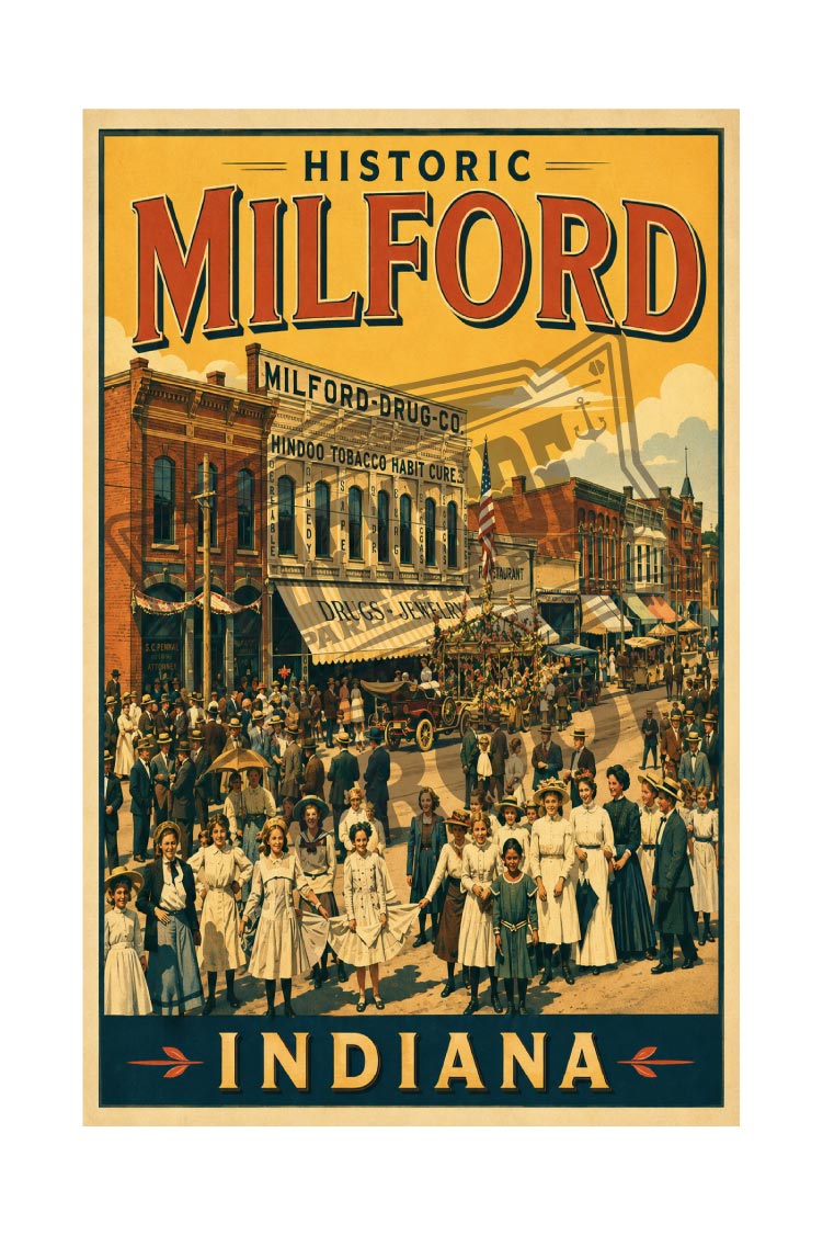 Historic Milford Indiana Vintage Poster Print – Small Town Wall Art