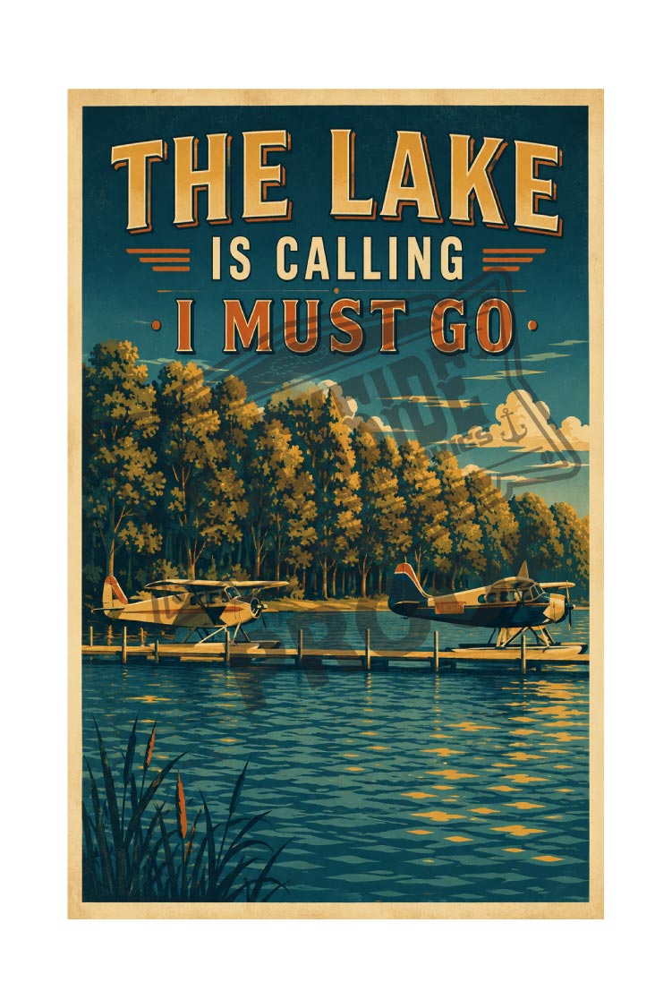 The Lake Is Calling I Must Go vintage poster featuring classic seaplanes docked on a serene lake with autumn trees
