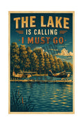 The Lake Is Calling I Must Go vintage poster featuring classic seaplanes docked on a serene lake with autumn trees