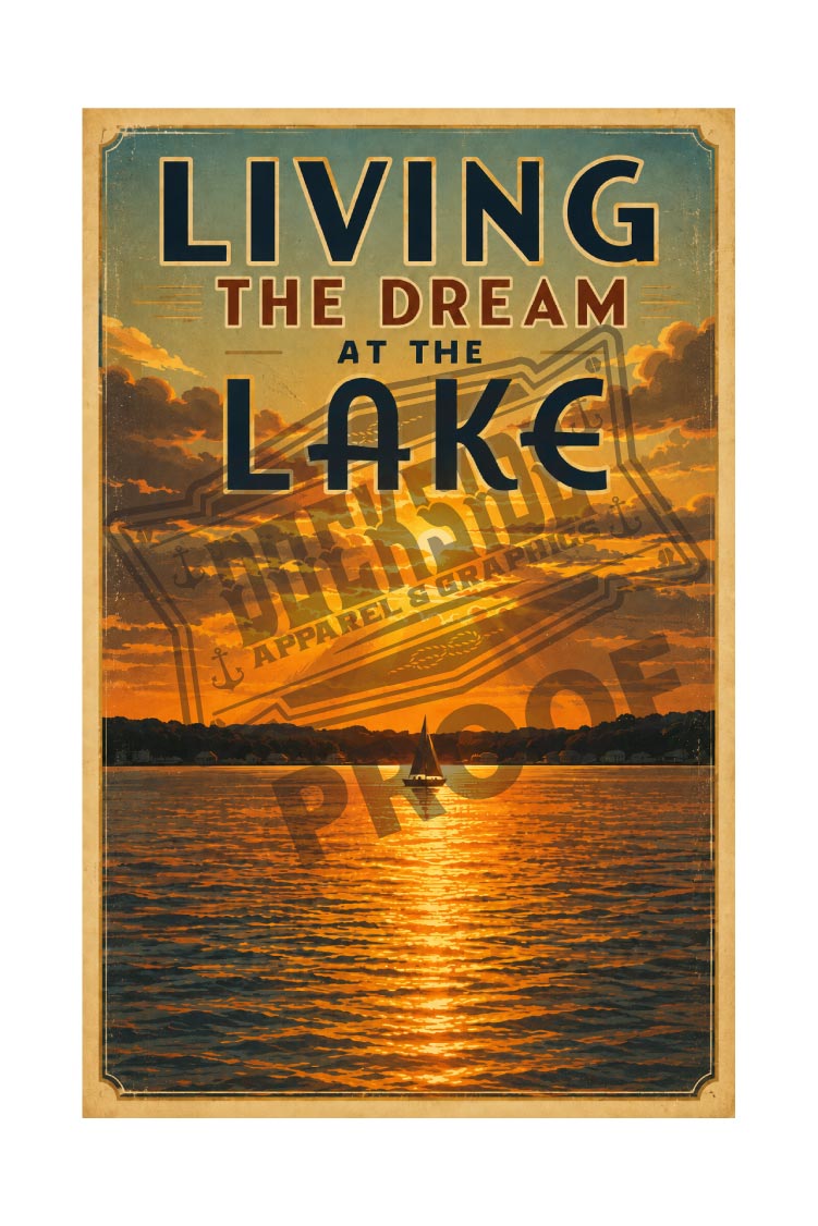 Living the Dream at the Lake vintage poster featuring a lone sailboat silhouetted against a blazing golden sunset over the lake