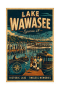 Lake Wawasee Syracuse Indiana vintage poster featuring a historic pier scene with excursion boats, families, and a compass rose