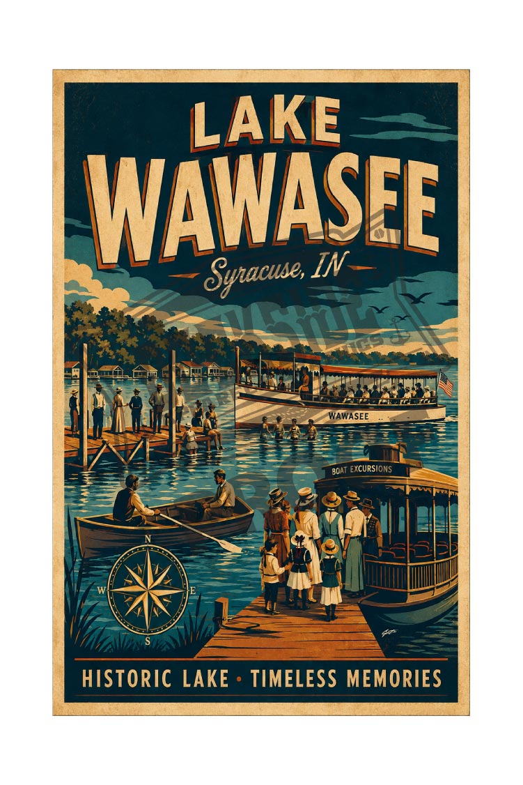 Lake Wawasee Syracuse Indiana vintage poster featuring a historic pier scene with excursion boats, families, and a compass rose