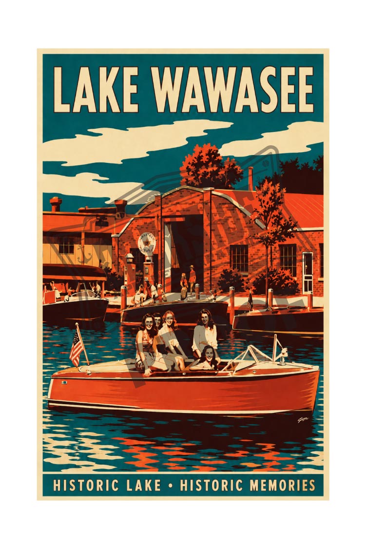 Lake Wawasee Historic Lake Historic Memories vintage poster featuring friends on a classic Chris-Craft at the Lake Wawasee marina boathouse