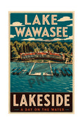 Lake Wawasee Lakeside Spinks Marina vintage aerial poster featuring the iconic red-roofed marina complex with sweeping docks on teal lake water