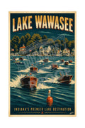 Lake Wawasee Indiana's Premier Lake Destination vintage poster featuring a fleet of classic mahogany Chris-Craft wooden boats racing across deep blue lake water past shoreline cottages