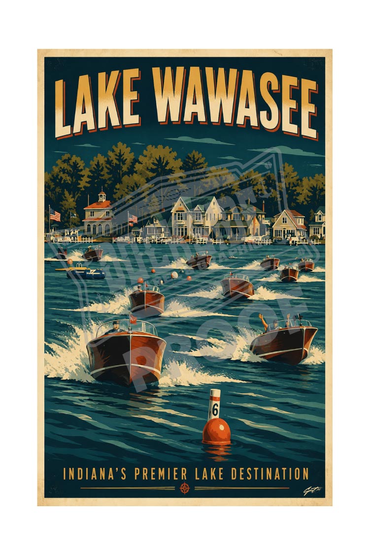 Lake Wawasee Indiana's Premier Lake Destination vintage poster featuring a fleet of classic mahogany Chris-Craft wooden boats racing across deep blue lake water past shoreline cottages