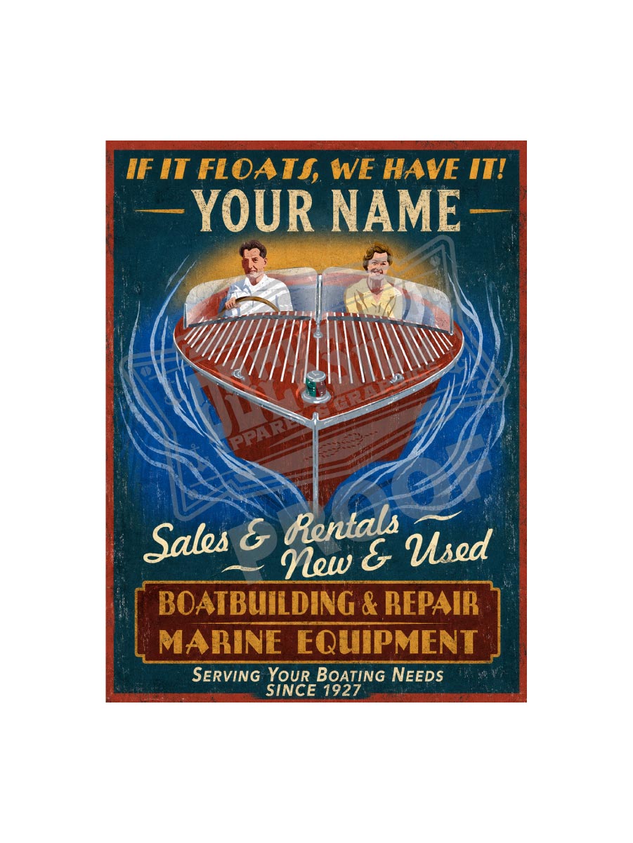 Personalized marina vintage poster featuring a couple in a classic Chris-Craft with Your Name marina sign - If It Floats We Have It Boatbuilding and Repair