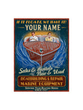 Personalized marina vintage poster featuring a couple in a classic Chris-Craft with Your Name marina sign - If It Floats We Have It Boatbuilding and Repair
