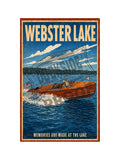 Webster Lake Memories Are Made at the Lake vintage poster featuring a classic mahogany Chris-Craft runabout with American flag on brilliant blue lake water with wooded Indiana shoreline