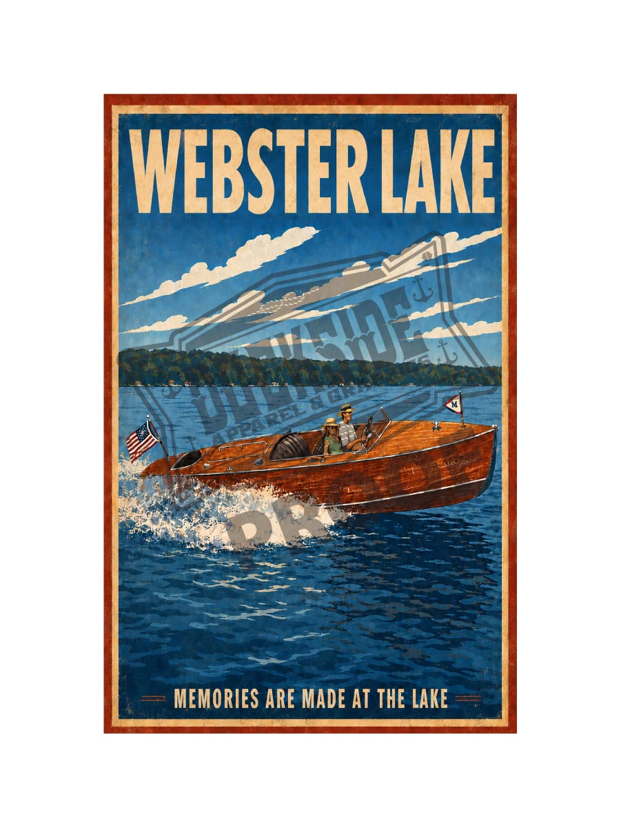 Webster Lake Memories Are Made at the Lake vintage poster featuring a classic mahogany Chris-Craft runabout with American flag on brilliant blue lake water with wooded Indiana shoreline