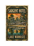 Sargent Hotel Lake Wawasee vintage poster featuring the historic hotel verandas and docks reflected in golden sunset water framed by an ornate border of leaping bass and laurel leaves