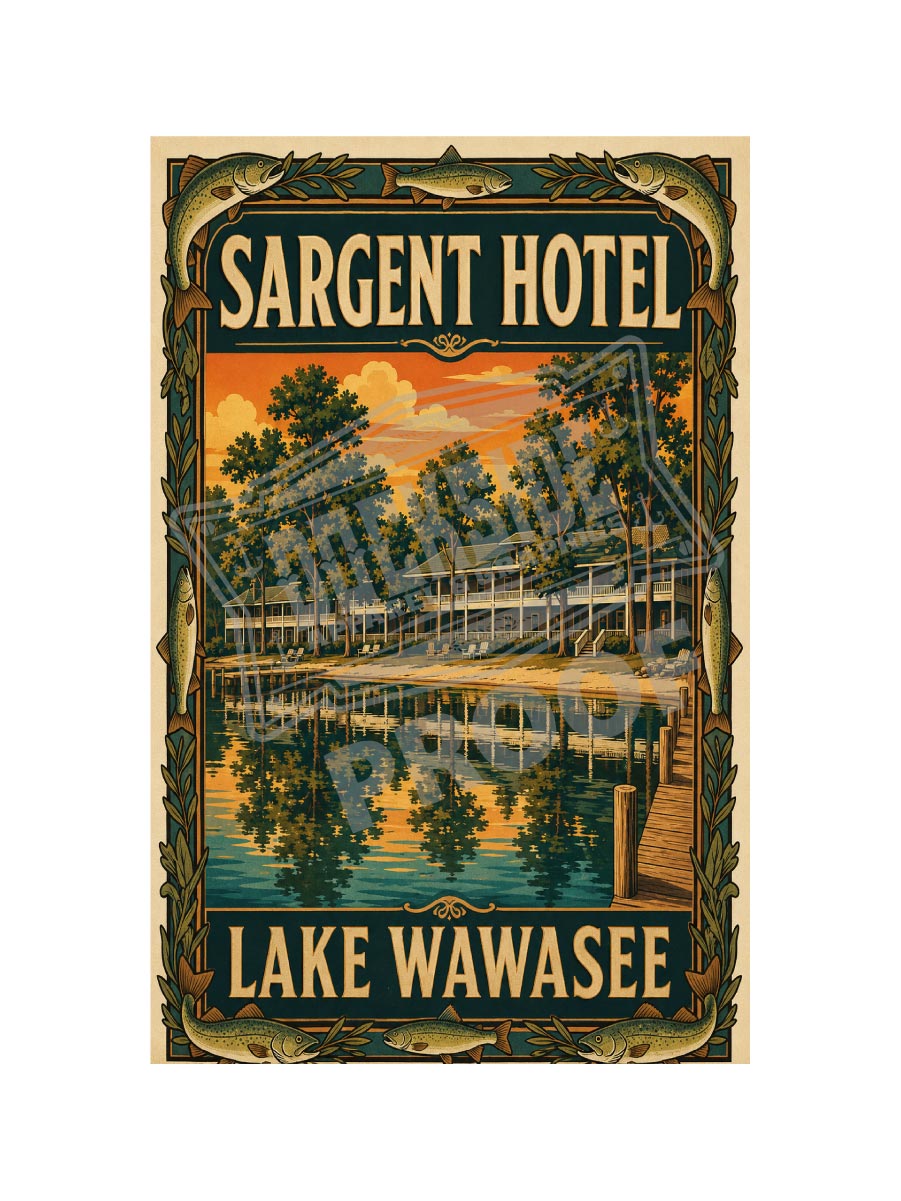 Sargent Hotel Lake Wawasee vintage poster featuring the historic hotel verandas and docks reflected in golden sunset water framed by an ornate border of leaping bass and laurel leaves