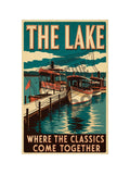 The Lake Where the Classics Come Together vintage poster featuring classic mahogany steamboats moored at a wooden dock under a dramatic teal sky