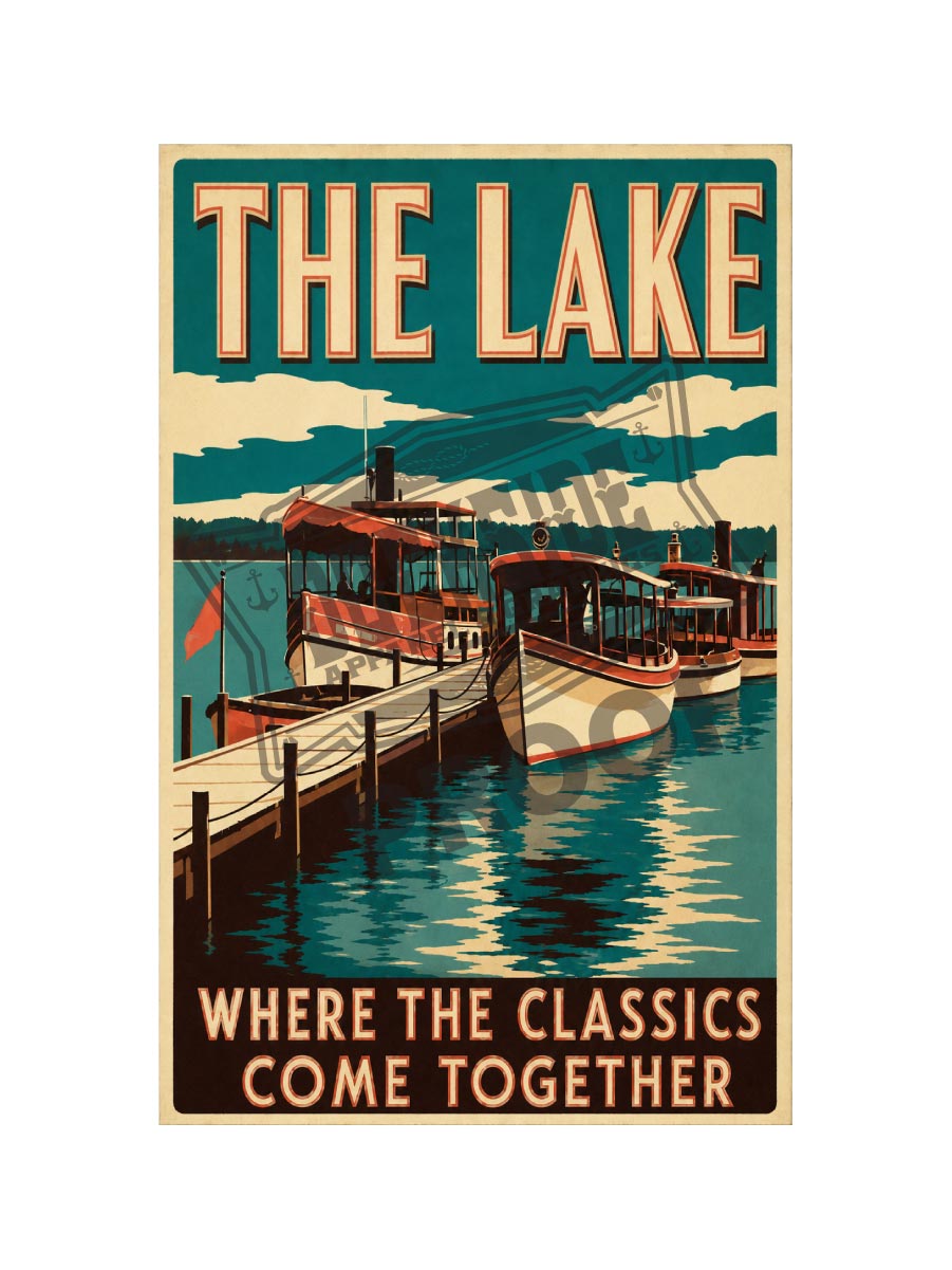 The Lake Where the Classics Come Together vintage poster featuring classic mahogany steamboats moored at a wooden dock under a dramatic teal sky