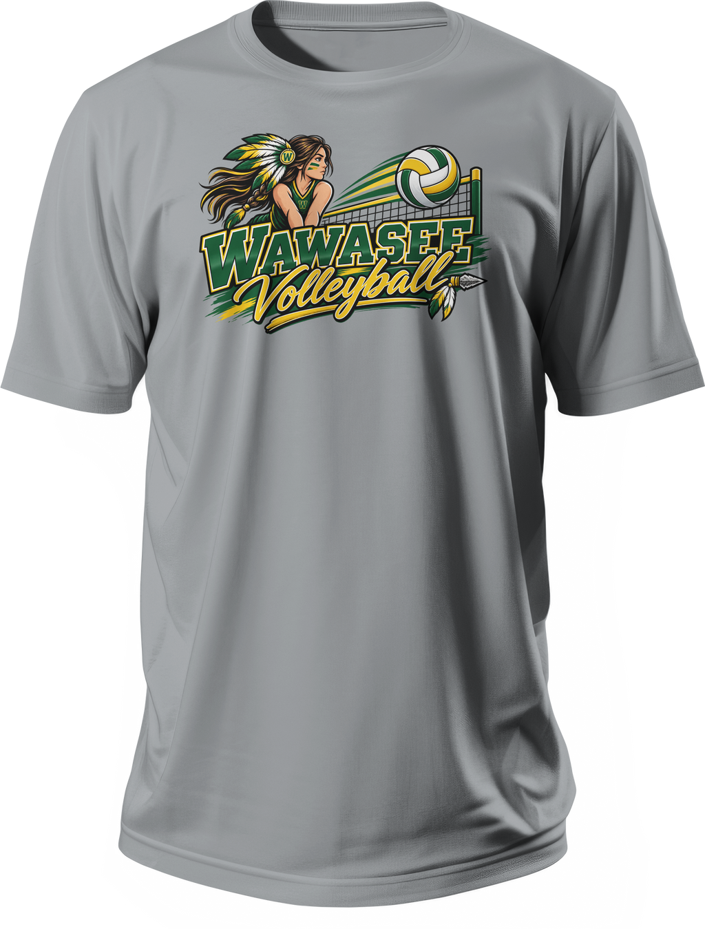 Wawasee Warrior Volleyball Mascot T-Shirt in Gravel
