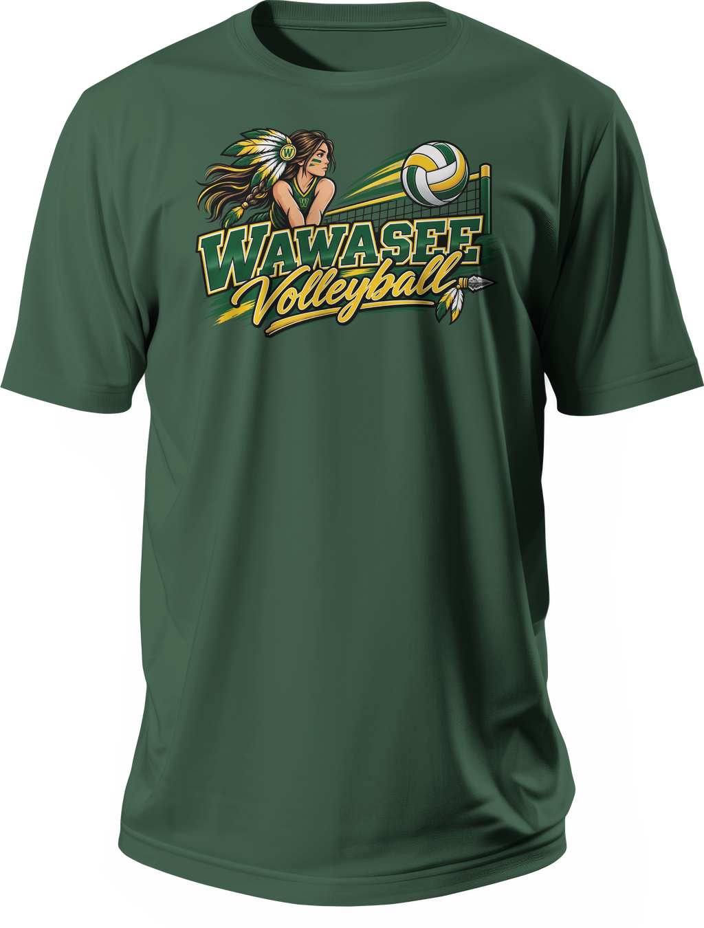 Wawasee Warrior Volleyball Mascot T-Shirt in Forest Green