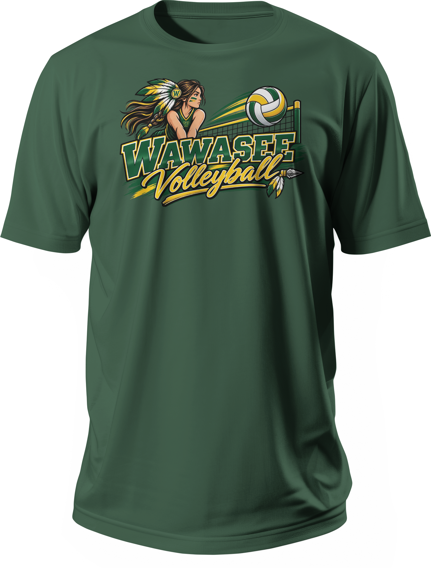 Wawasee Warrior Volleyball Mascot T-Shirt in Forest Green