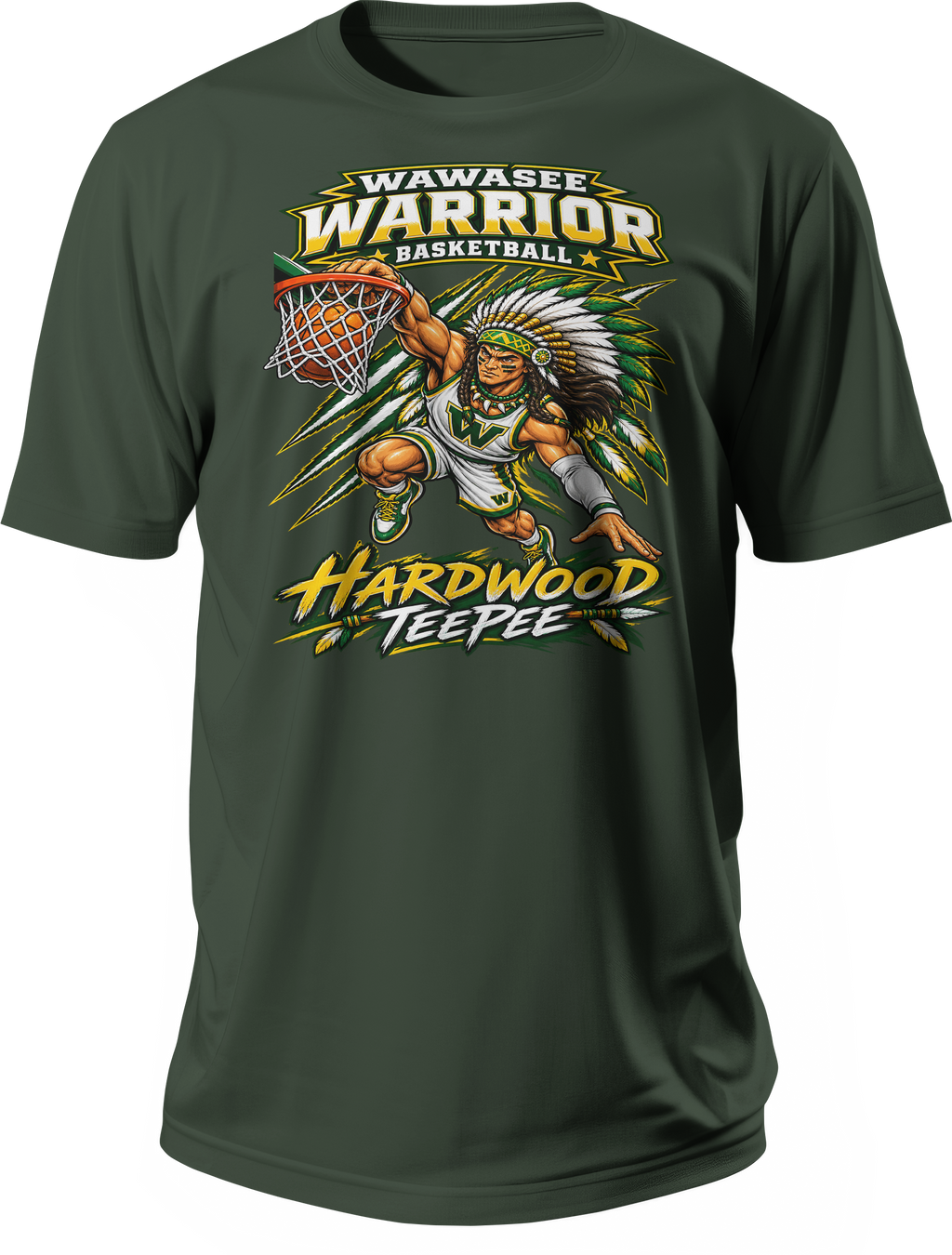 Wawasee Warrior Basketball Hardwood TeePee Tee in Forest Green