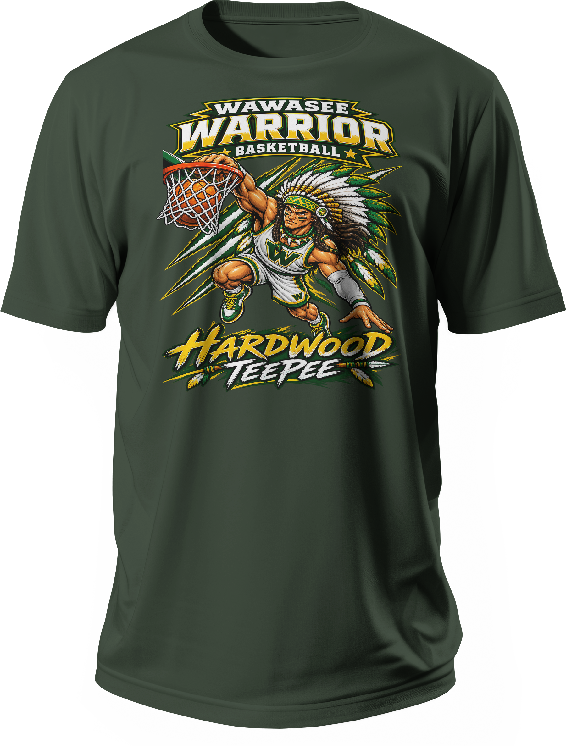 Wawasee Warrior Basketball Hardwood TeePee Tee in Forest Green