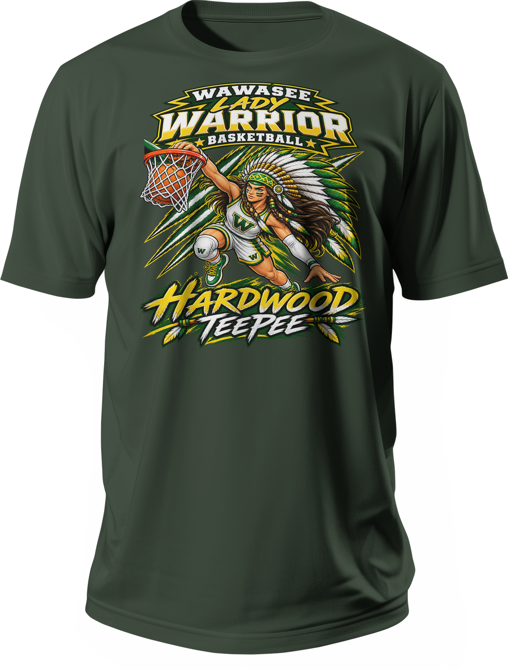 Wawasee Lady Warrior Basketball Hardwood TeePee Tee in Forest Green