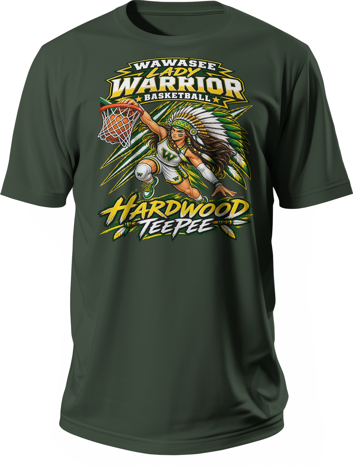 Wawasee Lady Warrior Basketball Hardwood TeePee Tee in Forest Green
